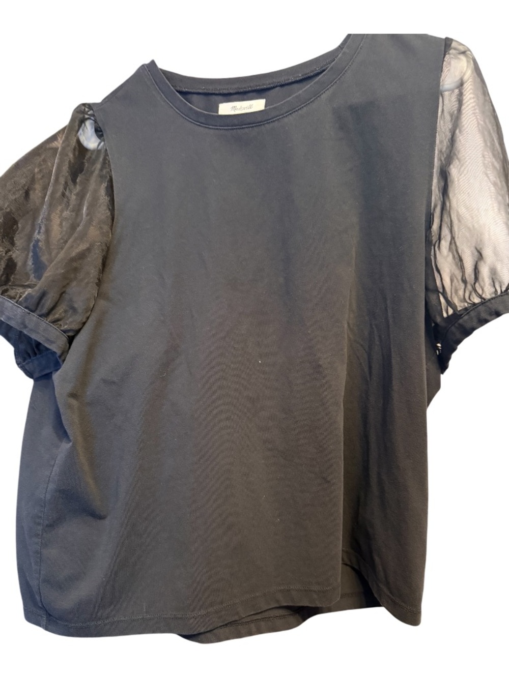 Madewell Black Tee with Sheer Puff Sleeves